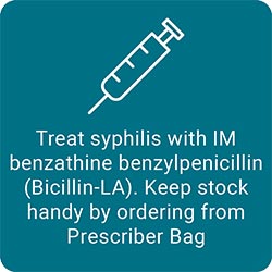 Treat syphilis with IM benzathine benzylpenicillin (Bicillin-LA). Keep stock handy by ordering from Prescriber Bag